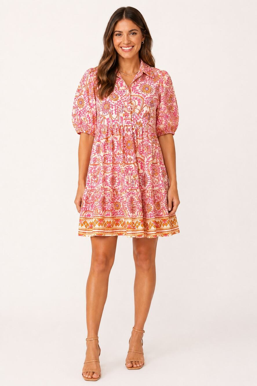 Talulah Malia Floral Puff Sleeve Tiered Mini Dress Womens Size Medium New Pink